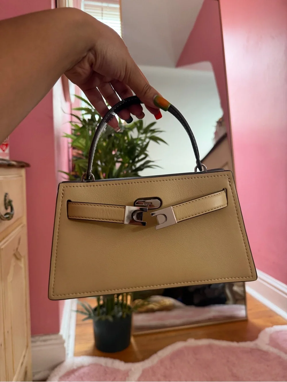 Tory Burch Beige Mini Top-Handle Bag with Dark Trim